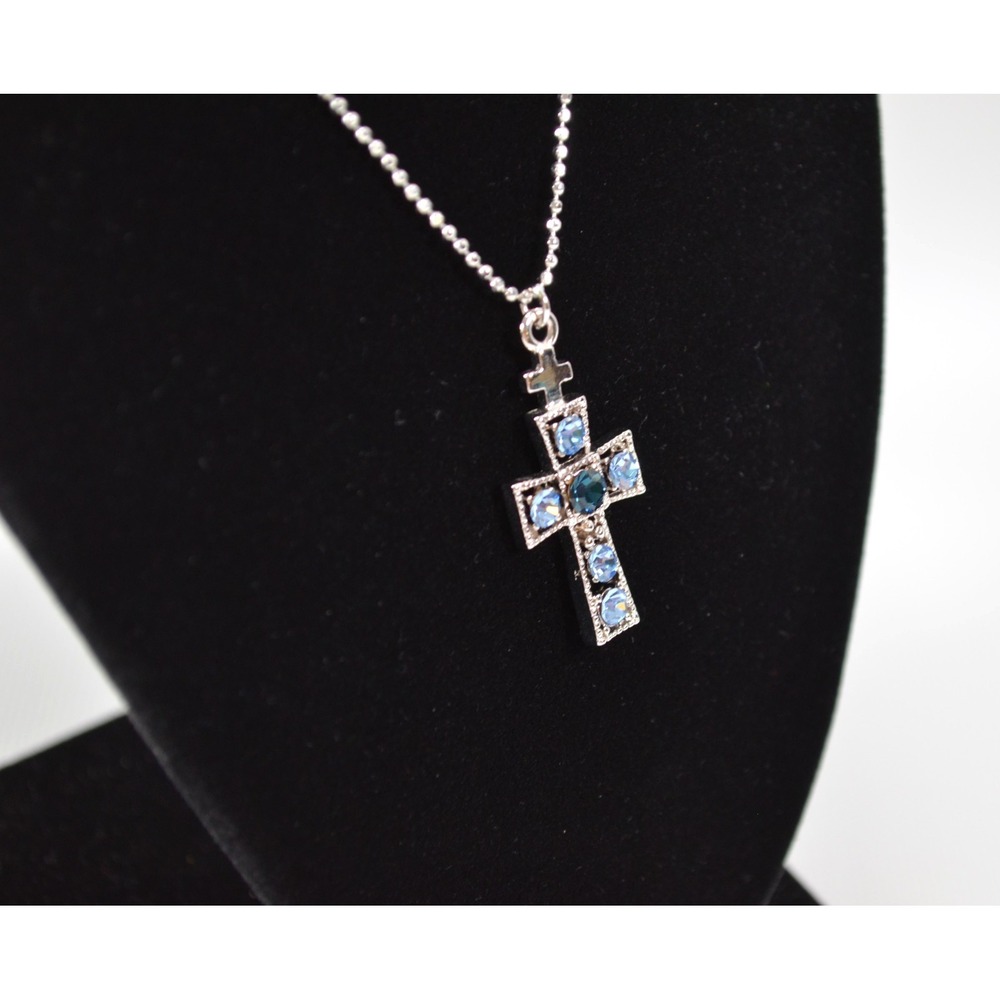 Silver Tone Chain‎ Necklace with Cross Pendant Blue Rhinestones 15"